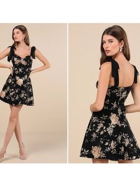 LULUS Lulus Exceptional Black Floral Tie-Strap S